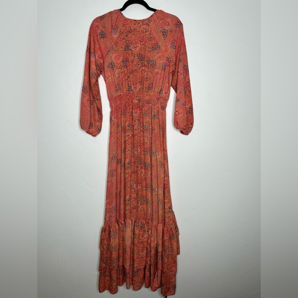 Boemo Long Sleeve Coral Blue Paisley Tiered Maxi Dress Size Small Bohemian - Picture 2 of 12